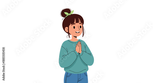 A hopeful young woman with her hands pressed together in a prayer or thankful gesture looking up with a gentle smile.