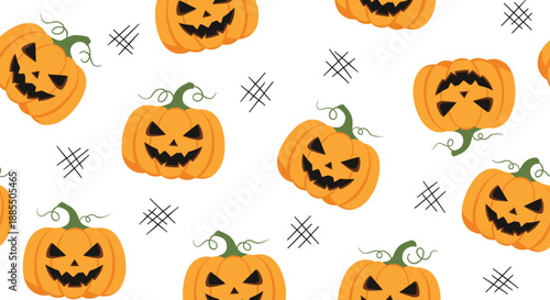 A spooky seamless Halloween pattern of carved jack-o'-lantern pumpkins with scary faces on a clean white background.