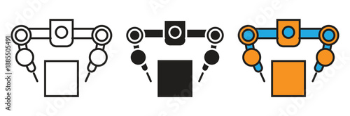 Industrial robotic arm vector icons representing automation technology, smart manufacturing, and future engineering assembly lines.