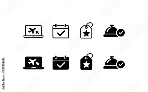 Collection of travel and hospitality icons with checkmarks and stars