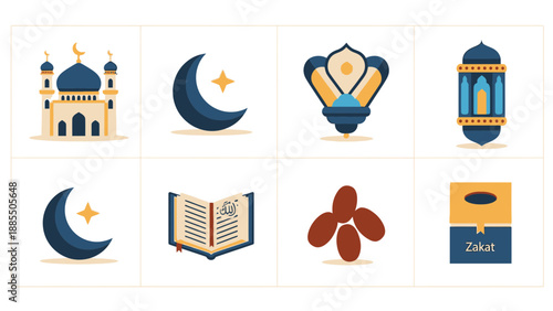 Ramadan icons set with mosque, crescent moon, lantern, and zakat