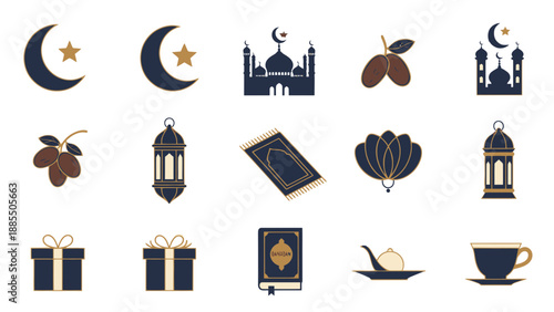 Ramadan Kareem icons set with mosque, lantern, dates, and gifts