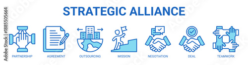 Strategic Alliance web banner icon vector illustration concept with icon of Partnership, Agreement, Outsourcing, Mission, Negotiation, Deal, Teamwork.