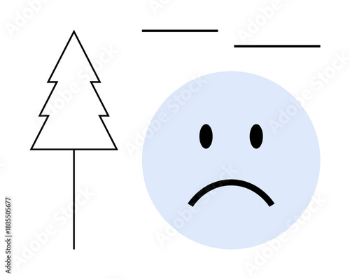 Sad face concept. A blue circular face with a sad expression surrounded by a minimalist tree and lines sadness and emotional expression. For mental health, emotions, communication, and icon design