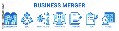Business Merger web banner icon vector illustration concept with icon of Business merger, Deal, Profit sharing, Corporation, Agreement, Plan, Strategy.