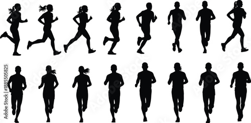 Black silhouette runners jogging in sequence showing male and female athletes in running poses isolated on white background for fitness training concepts