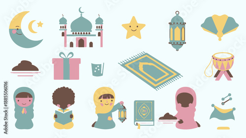 Vibrant Ramadan icons and characters in cheerful colors