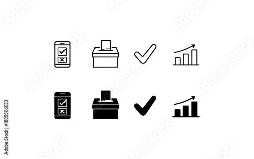 Set of icons representing voting, decision making, and growth in digital and traditional formats