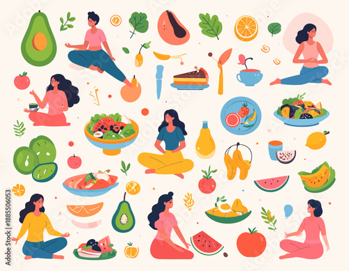 Illustration of women meditating with fruits