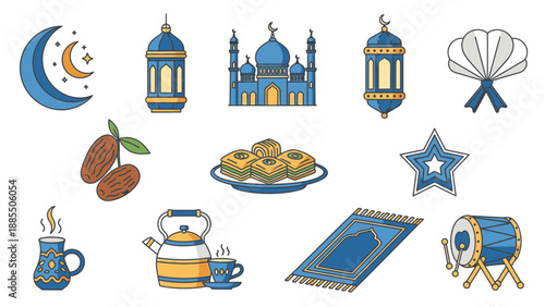 Vibrant Ramadan icons set with mosque, lanterns, and traditional food