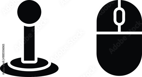 Joystick and computer mouse icons representing gaming control and user interface devices isolated black vector illustration symbols