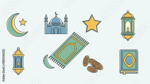 Ramadan symbols and icons including mosque, lanterns, dates, and Quran