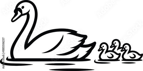 Black and white illustration of a swan with three ducklings swimming bird animal