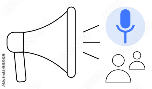 Communication, public speaking, marketing, broadcasting, media, audience engagement. Illustration of a megaphone, microphone and audience icons. Communication and public speaking concept