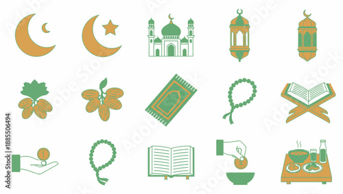 Ramadan Kareem symbols and icons set for Islamic holiday