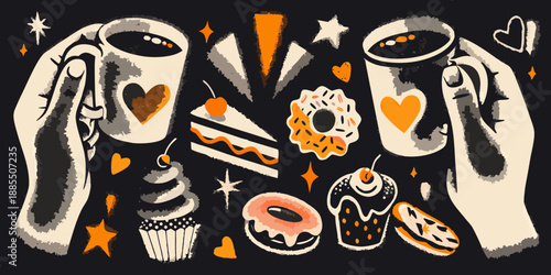 Hands holding coffee cups with desserts donuts and sweet treats illustration