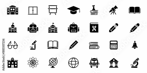 Collection of education related icons depicting learning school and academic concepts
