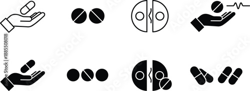 Medicine pills and capsules icons set with hands holding tablets pharmaceutical healthcare symbols isolated vector illustration