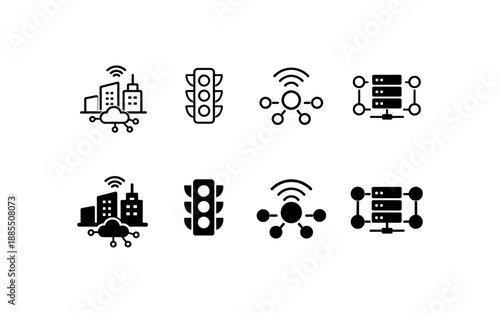 Smart city icons representing connectivity, traffic control, and data networks