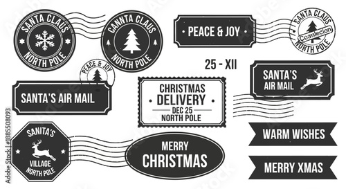 Christmas post stamps, festive mail stickers, and holiday greetings including Peace & Joy, Merry Christmas, Santa's Mail, and warm wishes