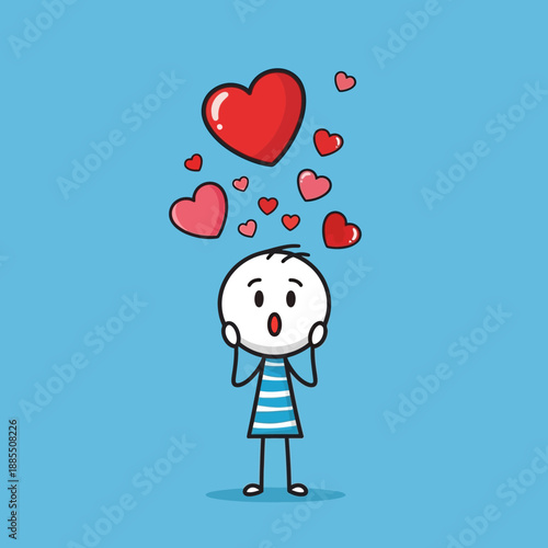 Cartoon Character Surrounded by Hearts Emotions.