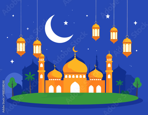 Mosque illustration with crescent moon