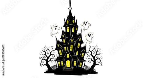 Eerie Halloween Haunted House Illustration Featuring Glowing Windows, Flying Specters, and Gnarly Trees, Perfect for Seasonal Autumn Designs