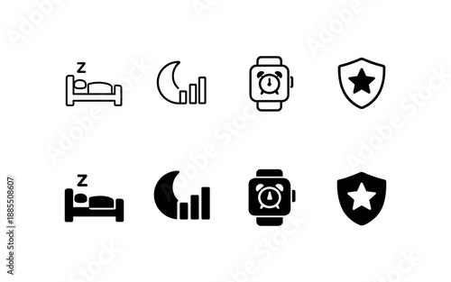 Set of icons representing sleep, night, alarm, and security in outline and filled styles