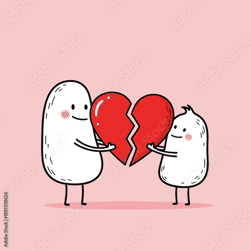 Cartoon Characters Holding Broken Heart Together.