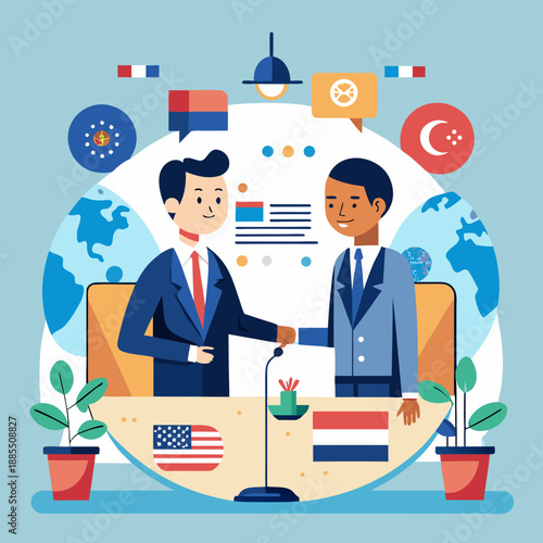 Diplomats shaking hands, representing international business and agreements
