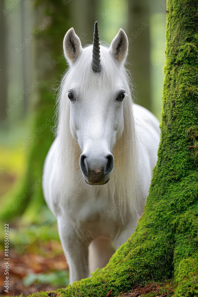 Fototapeta premium A majestic white unicorn standing in a serene moss-covered forest setting