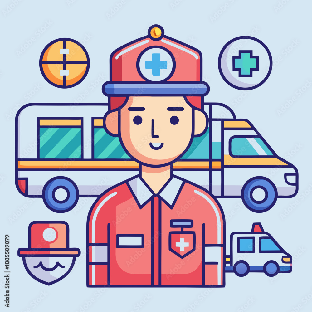 Fototapeta premium Paramedic with Ambulance and Medical Icons