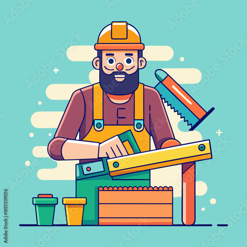 Carpenter with Tools and Toolbox Vector Illustration