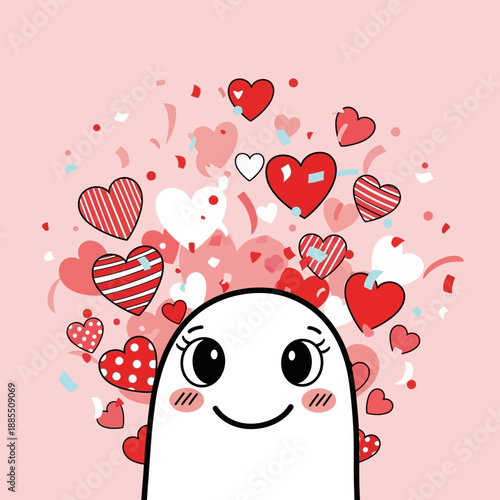 Happy Cartoon Character Surrounded by Hearts.