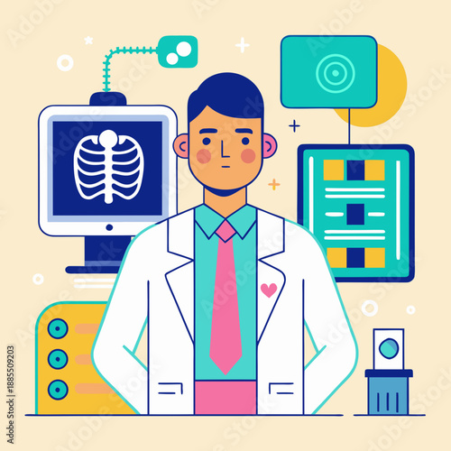 Radiologist With Medical Imaging Equipment Vector Illustration