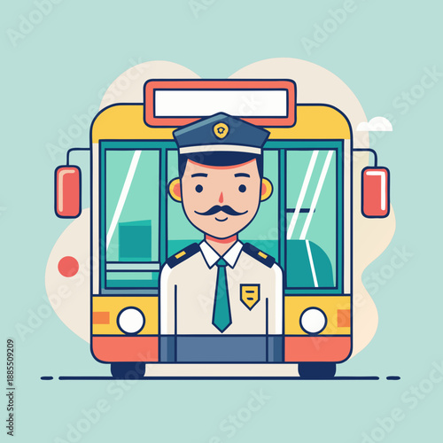 Cartoon Bus Driver Standing in Front of Bus