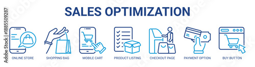 Sales Optimization web banner icon vector illustration concept with icon of online store, shopping bag, mobile cart, product listing, checkout page, payment option, buy button.