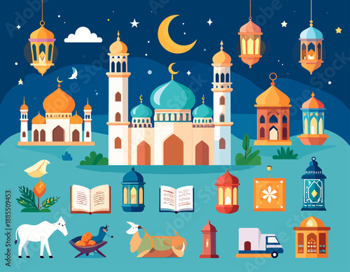 Illustration of Mosque and Islamic Icons