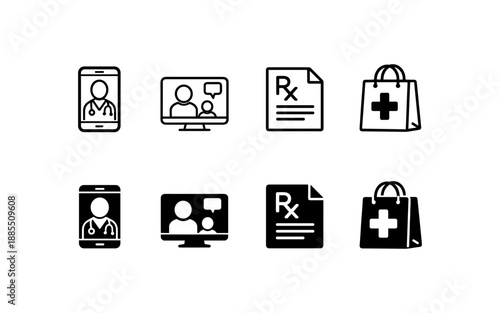 Set of healthcare icons representing telemedicine, prescription, and pharmacy bag