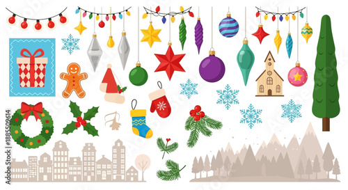 Colorful Christmas and Winter Holiday Decoration Elements Vector Set with Baubles, Festive Lights, Gifts, and Charming Village Silhouettes for Seasonal Design
