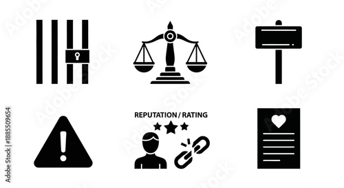 Comprehensive collection of minimalist black and white icons symbolizing key elements of justice, warnings, security, reputation, and personal information for modern design