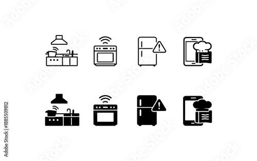 Smart kitchen appliances icons with connectivity and warning symbols