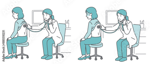 白衣を着た女性医師による女性患者の背中の聴診イラストセット（正常・異常/体調不良）