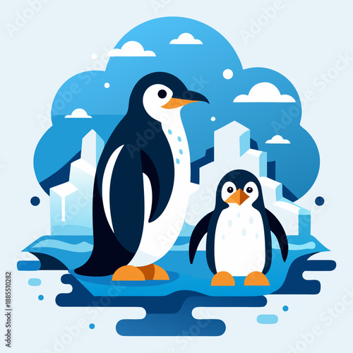 Two Penguins Standing on Iceberg in Blue Winter Scene