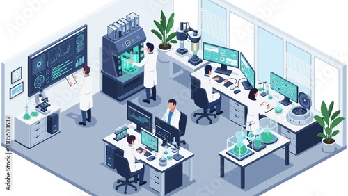 Isometric illustration of scientists working at desks in a modern laboratory with computers and equipment.