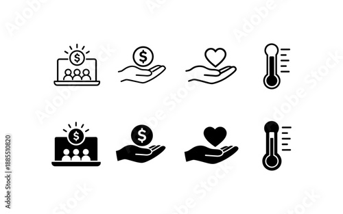 Set of icons representing financial support, charity, and health monitoring