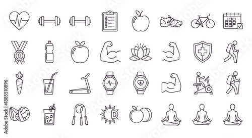 Essential line art icon set for health, fitness, and well-being, featuring exercise, nutrition, and healthy lifestyle symbols in a clean, modern style