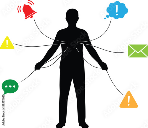 Human Overloaded with Notifications and Digital Alerts Silhouette Illustration