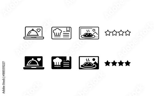 Collection of food service icons representing online ordering, recipes, and ratings