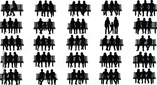 Silhouettes of 20 seated pairs on benches in varied postures and interactions, arranged in five-row grid layout